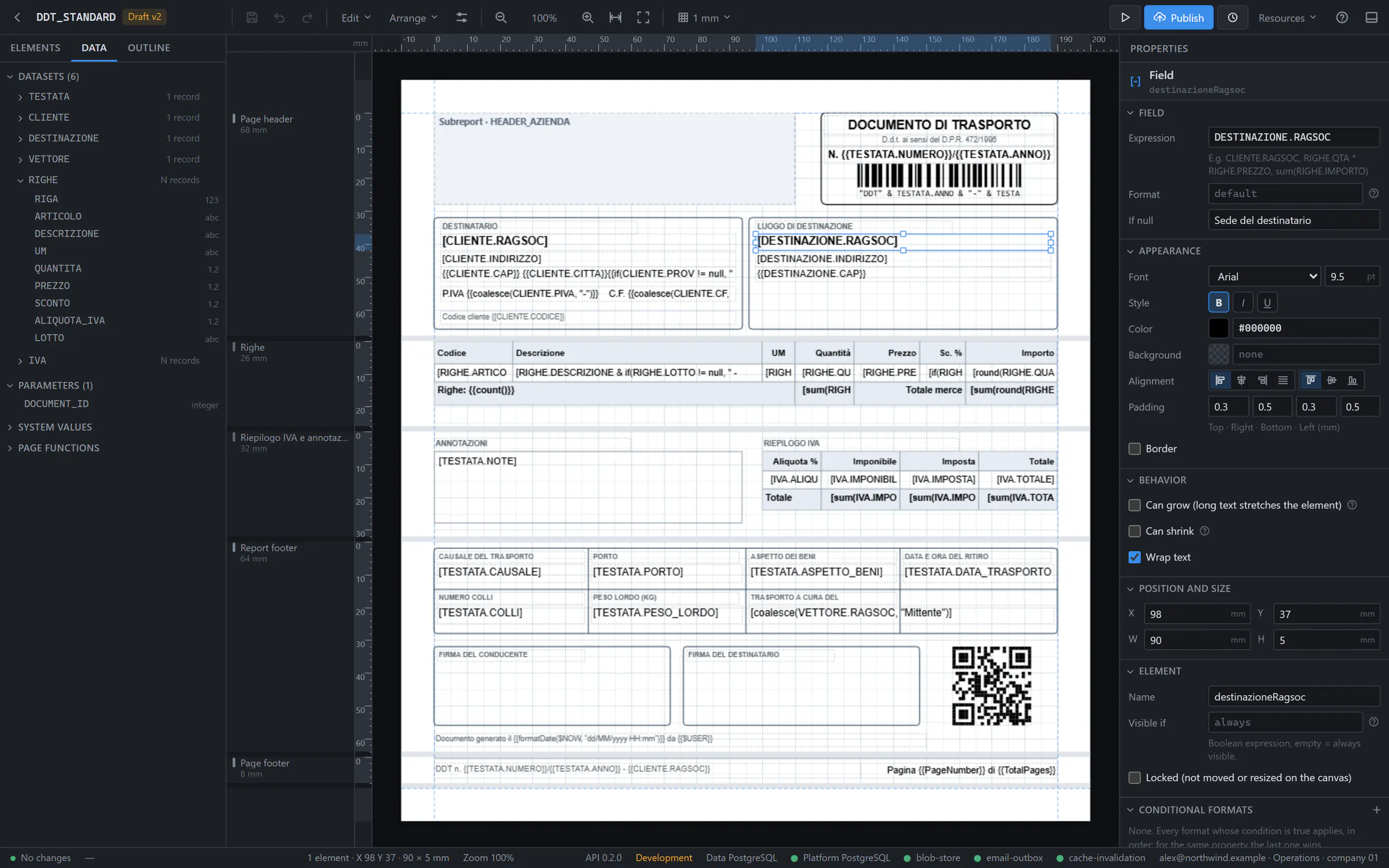 The Prynt Designer with a delivery note template: datasets and their fields on the left, the A4 page with bound fields in the middle, the properties of the selected field on the right.
